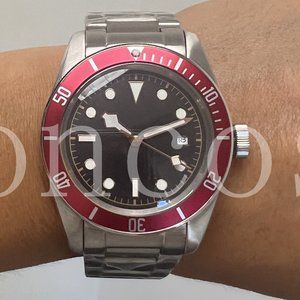 Custom Made MODS Watch Black Bay Watch Automatic Movement Silver Case Red Rin